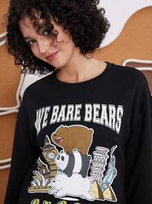 We Bare Bears X SHEIN Women Casual Cartoon Bear & Slogan Print Drop Shoulder Loose Black T-Shirt, Spring/Autumn - Black - View 5