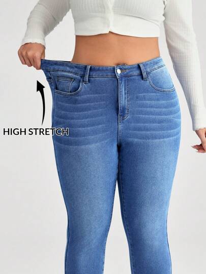 Firerie Plus Size Blue Casual Stretch Skinny Jeans, Fall Women Clothes
