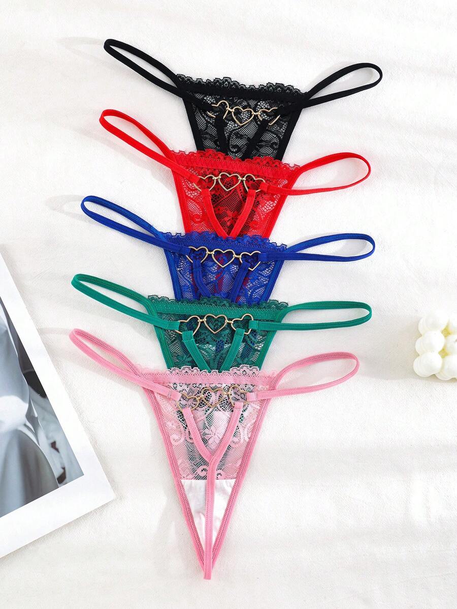 5-Pack Sexy Lace Heart Decorated G-String Panties Lingerie