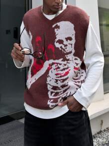Manfinity EMRG Men's Casual Skull Pattern Knitted Sweater Vest, Spring And Autumn