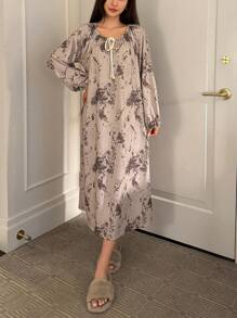 DAZY Splatter Print Pleated Loose Nightgown Pajama - Khaki - View 7