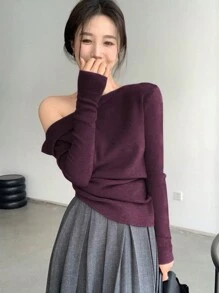 DAZY 女款休閒純色斜肩寬鬆針織毛衣，秋冬長袖上衣，適合校園穿搭 - 酒紅色 - 查看 6