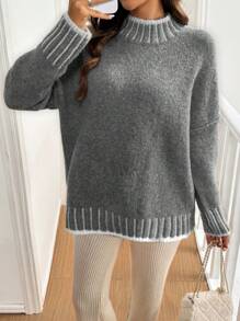 SHEIN Frenchy Women Loose Casual Oversized Stand Collar Color Block Sweater Winter - Grey - View 1