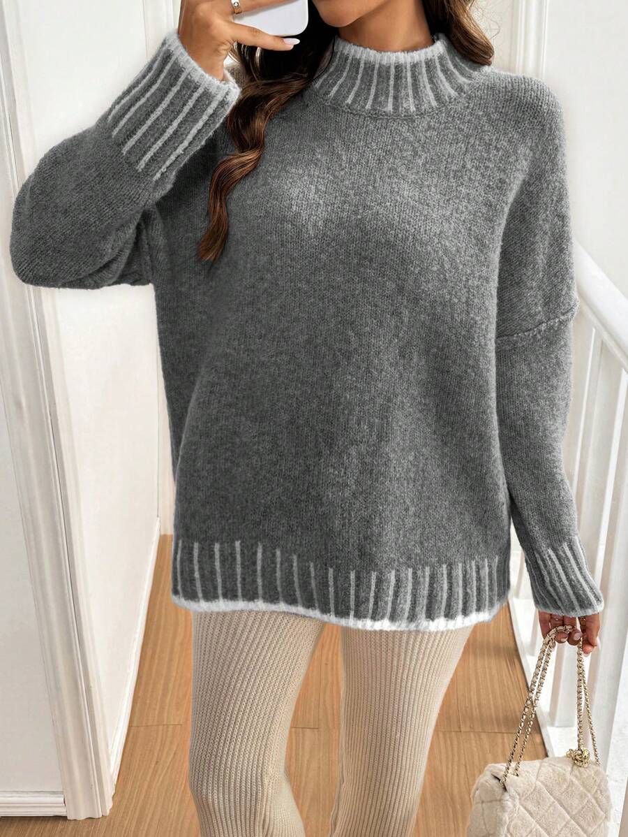 SHEIN Frenchy Women Loose Casual Oversized Stand Collar Color Block Sweater Winter - Grey - View 1