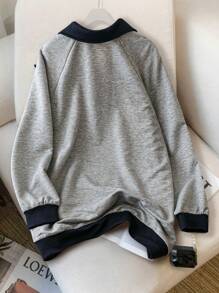 Seusyu Women's Color Block Trim Letter Print Turndown Collar Long Sleeve Sweatshirt - Grey - View 2