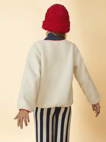 SHEIN Tween Girls THL Embroidery Pattern Contrast Red Trim & Pocket Beige Fleece Casual Jacket For Autumn/Winter - Beige - View 2