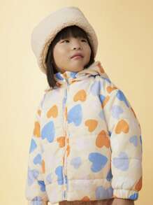 SHEIN Young Girls' Colorful Heart Print Detachable Hooded Casual Thermal Lined Jacket, Autumn/Winter - Beige - View 1