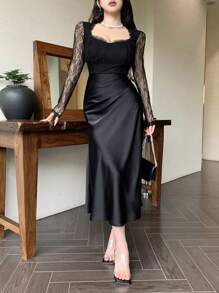 DAZY Vestido midi feminino com decote quadrado e renda contrastante, manga comprida, plissado, aniversário, vestido de baile de véspera de ano novo elegante, roupas de outono - Preto - Ver 6