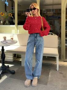 EURMUSE Woman Loose Fit Comfy Warm Rhinestones Detailed Sweater - Red - View 4