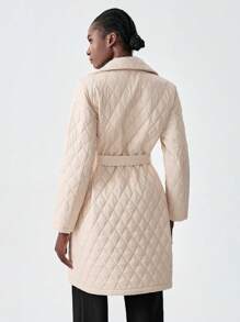 Chiquease 1pc Plain Front Buttons Long Sleeve Minimalist Rhombic Pattern Padded Padded Coat Clothes Winter, Casual - Apricot - View 2