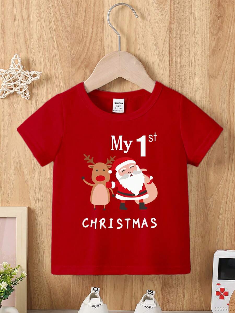 Camiseta básica de manga curta com estampa de Papai Noel e Cervo, Casual e Fashion, Fofa para Bebês do Sexo Masculino, Adequada para Festa de Natal