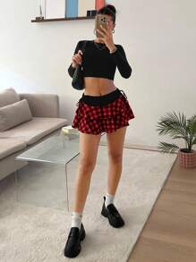 SHEIN EZwear 女士纯色系带简约休闲迷你裙 - 紅色 - 查看 4