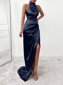 SHEIN Vestido casual de mujer de unicolor con cuello alto, sin mangas y cremallera trasera