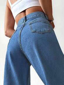 SHEIN Cottnline High Waist Wide Leg Jeans - Medium Wash - View 4