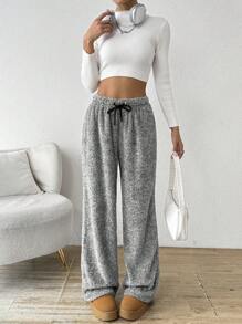 SHEIN EZwear 女士新款秋冬纯色前系带简约休闲羊毛运动裤，宽松长裤，适合家居服 - 灰色 - 查看 6