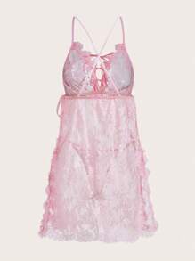 2 件浪漫、优雅、性感透明蝴蝶结带女士内衣睡袍套装 - 淺粉色 - 查看 6