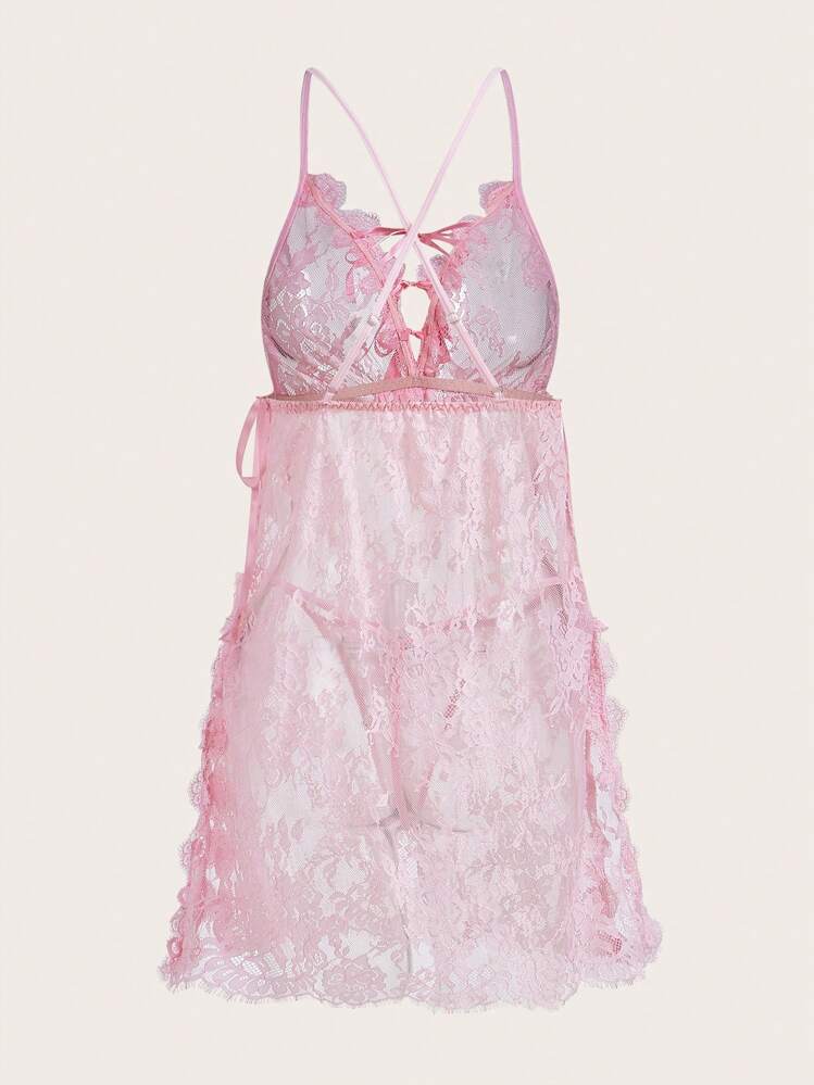 2pcs Romantic, Elegant, Sexy Sheer Bowknot Strap Ladies Lingerie Nightgown Set - Baby Pink - View 6