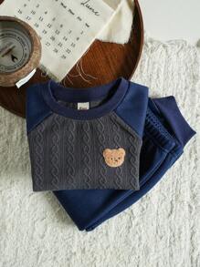 Cozy Pixies 2pcs Baby Boy Contrast Color Raglan Sleeve Crew Neck Long Sleeve Top And Jogger Pants Set - Blue - View 4