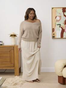 Aralina Curve Slouchy And Soft V Neck Long Sleeve Relaxed Fit Knitwear Sweater - Brown - View 9