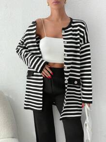 SHEIN Cottnline 2 件套法式条纹翻盖包五金开衫 - 黑色 - 查看 6