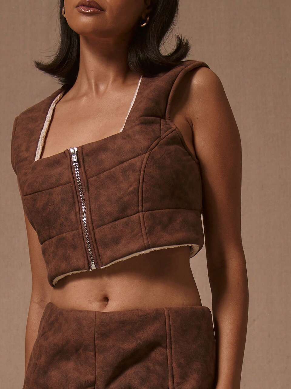 Fluffy Lined Square Neck Zip Up Top Winter Evening