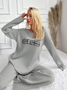 RueChic 100%Cotton Letter Printed Knitted Ribbed Homewear Set - Light Grey - View 1