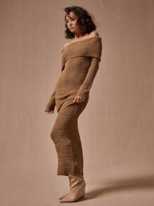 MUSERA Vestido de punto tipo bardot de caída maxi - Marrón - Ver 2