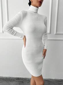 EURMUSE Turtleneck Ribbed Knit Jumper Dress Without Belt - White - View 3