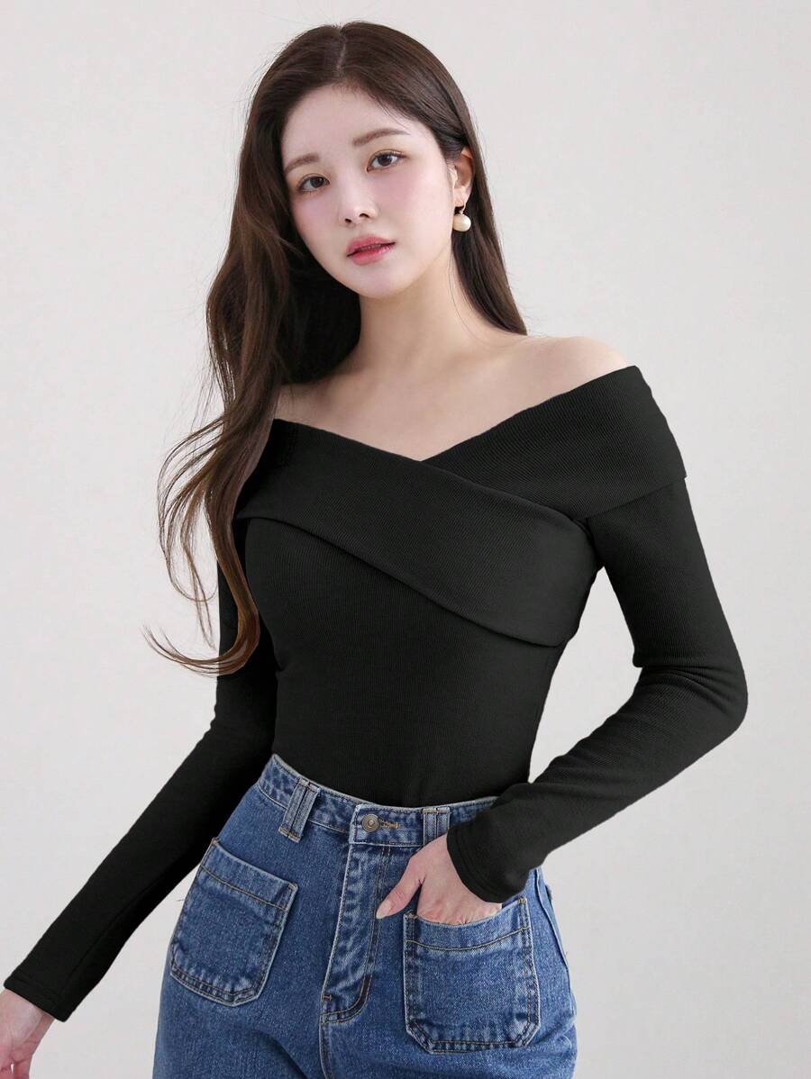 DAZY 女式纯色翻领露肩优雅休闲 T 恤，黑色，春/夏/秋季，返校服长袖女式上衣 - 黑色 - 查看 1