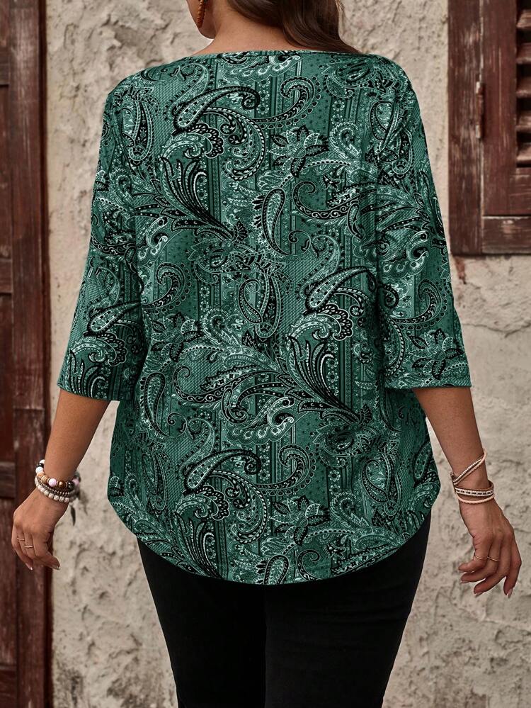 Plus Size Paisley Print Loose Fit Round Neck 3/4 Sleeve T-Shirt For Casual Daily Wear, Autumn