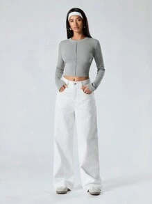 LYSMO Women's Solid Color Crew Neck Long Sleeve Casual Slim Fit T-Shirt - Grey - View 3
