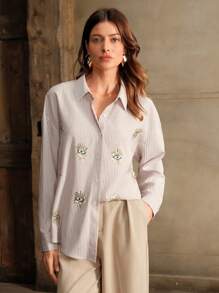 Anewsta Fashion Embroidered Urban Women Striped Shirt - Brown - View 6