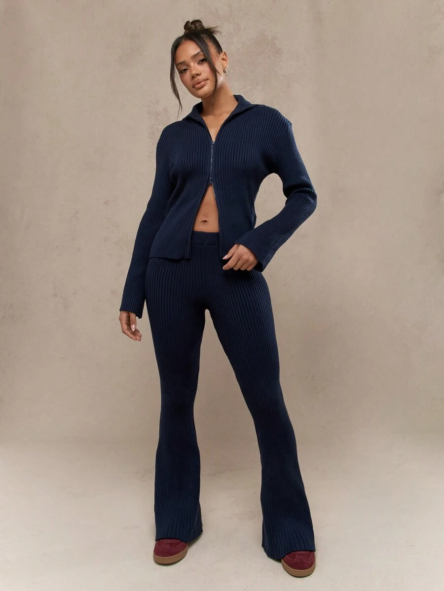 MISSGUIDED Ribbed Knit Zip Front Two Piece Outfit Winter Fall Long Sleeve Bell Bottom Pant Set Contemporary Loungewear Athleisure Activewear Co-Ord - Navy Blue - View 1