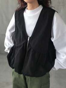 FRIFUL Women Solid Color V-Neck Zipper Sleeveless Tank Top, Autumn - Grey - View 1