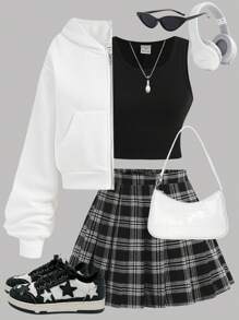 SHEIN Girlism 3pcs/Set Teen Girls Casual Outfit: White Zip-Up Hoodie, Knitted Vest, And Pleated Plaid Skirt  ,Graduation Outfit Graduation Outfit.