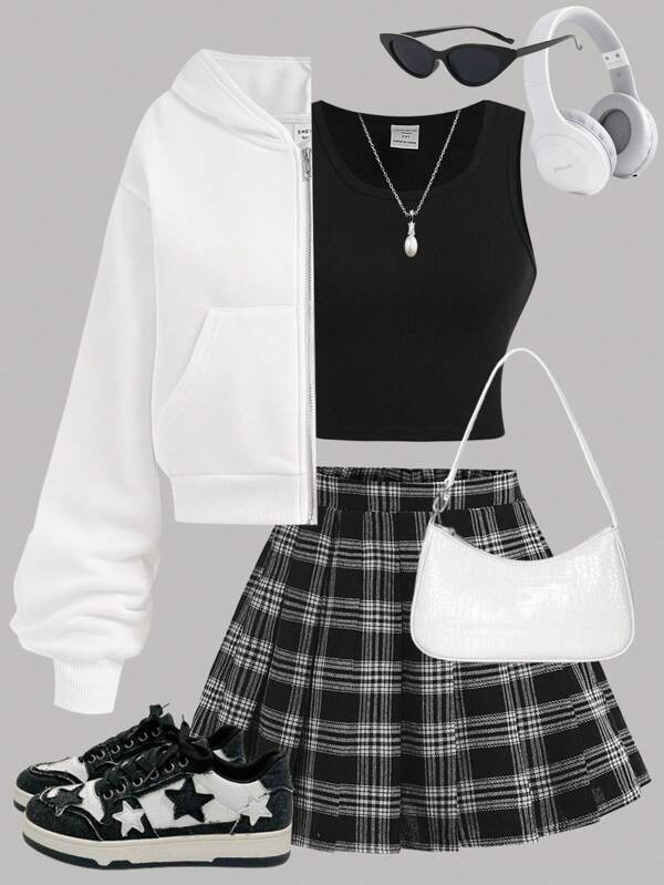 SHEIN Girlism 3pcs/Set Teen Girls Casual Outfit: White Zip-Up Hoodie, Knitted Vest, And Pleated Plaid Skirt  ,Graduation Outfit Graduation Outfit.