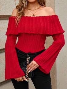 Women's Solid Color Off Shoulder Flared Sleeve Casual Sweater, Autumn/Winter - Red - View 4