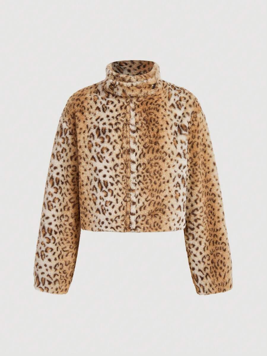 SHEIN MOD Stand Collar Leopard Print Thermal Lined Short Jacket, Fleece Jacket,Fur Coat,Cowgirl Jacket - Multicolor - View 1