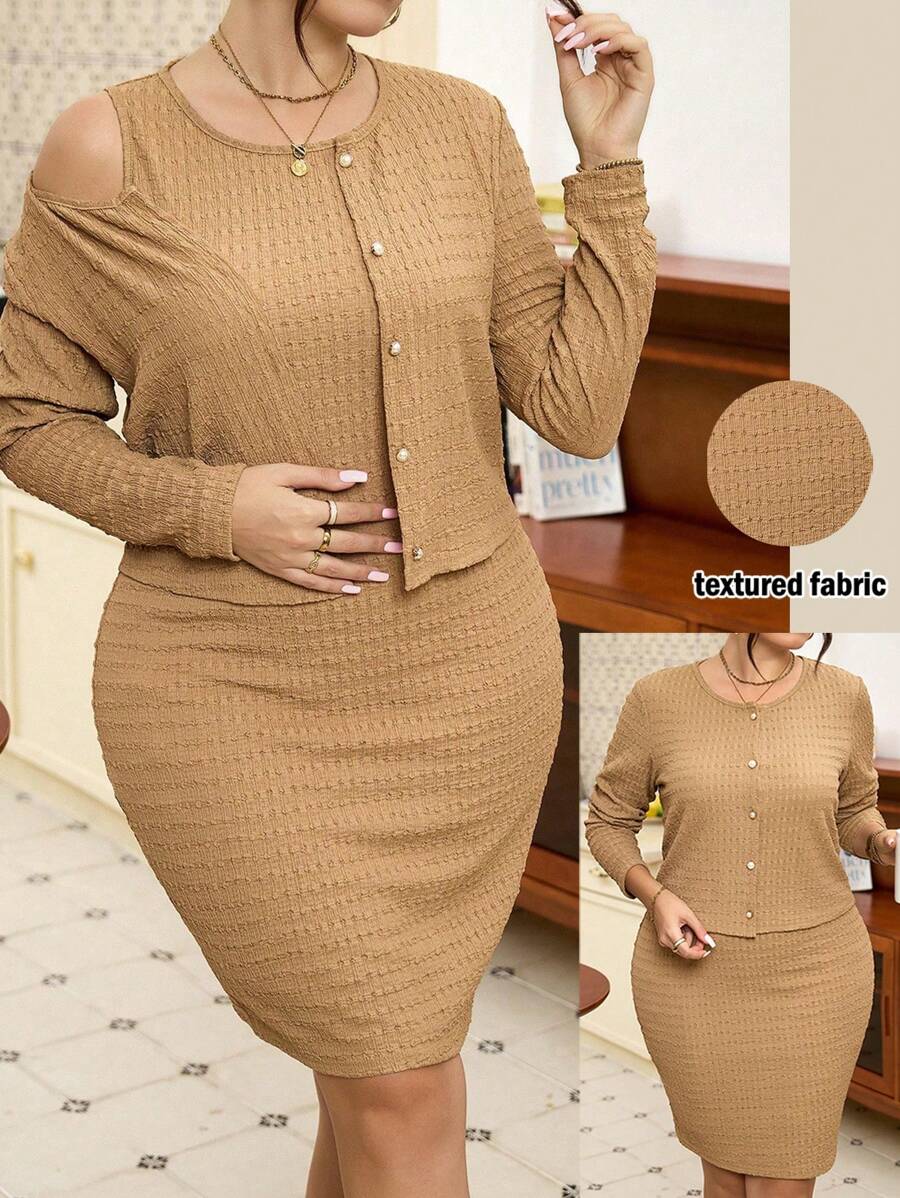 SHEIN Clasi 2pcs Plus-Size Solid Color Textured Form-Fitting Dress And Jacket Set - Khaki - View 1