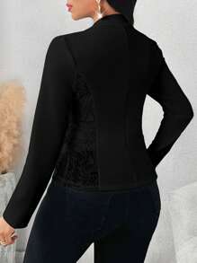 SHEIN Lady Women's Solid Color Collar Long Sleeve Open Front Elegant Blazer Jacket, Autumn - Black - View 2