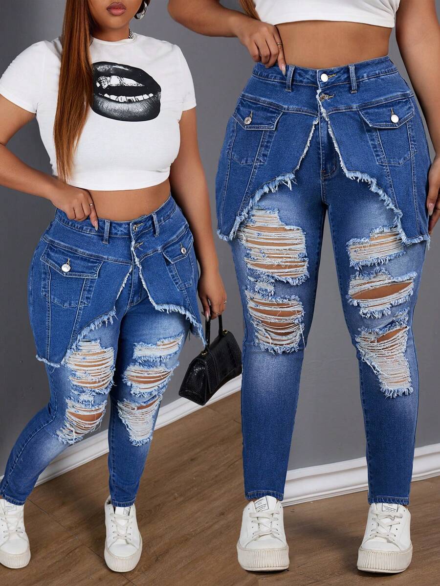 SHEIN SXY Quần denim co giãn cạp cao cỡ lớn có lỗ trang trí - Rửa tối - Xem 1