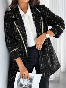 SHEIN Unity Plus Size Contrast Color Trim Long Sleeve Button Front Cashmere Cardigan, Casual Daily Wear - Black - View 6