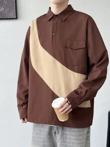 Claim Dot 1pc Men's Loose Fit Color Block Long Sleeve Casual Polo Shirt, Autumn - Multicolor - View 3