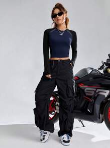 SHEIN EZwear Letter Patched Detail Contrast Raglan Long Sleeve Crop Tee