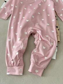 SHEIN LMoss Kids 3pcs Newborn Baby Girl Cute Heart & Polka Dot Pattern Knitted Romper With Headband Set, Autumn/Winter Print