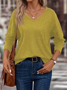 SHEIN LUNE 女式 V 领宽松蝙蝠袖长袖 T 恤，休闲日常穿着，秋季 - 黃色 - 查看 4