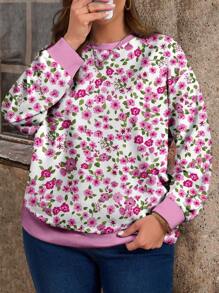 SHEIN LUNE Plus Size Women Casual Pink Floral Print Long Sleeve Crew Neck Loose Fit Sweatshirt, Autumn/Winter - Pink - View 4