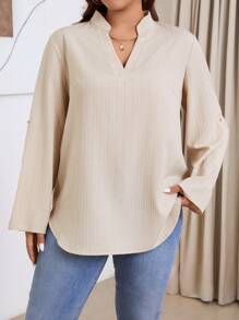 SHEIN LUNE Plus Size Women Casual Asymmetrical Hemline Notched Neck Button Decorated Texture Stripe Vacation Blouse, Autumn Thanksgiving Outfit Holiday Outfit