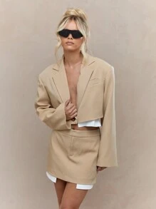 MISSGUIDED Contrast Cropped Blazer And Mini Skirt Two Piece Co-Ord Set - Camel - View 5