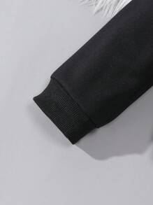 Veste à capuche tricotée style patchwork décontractée, jean délavé déchiré avec impression de slogan décontractée pour jeunes filles - Noir - Voir 3
